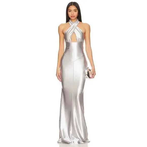 Retrofete Charity Gown Maxi Halter Party Formal Gala Prom Classy Guest Silver S